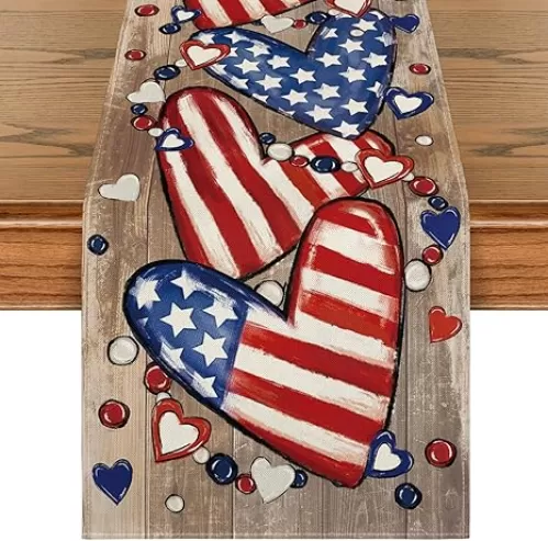 Artoid Mode Wood Stars and Stripes Heart Patriotic 4th of July Table Runner, Memorial Day Kitchen Dining Table Decoration for Home Party Decor 13x72 Inch