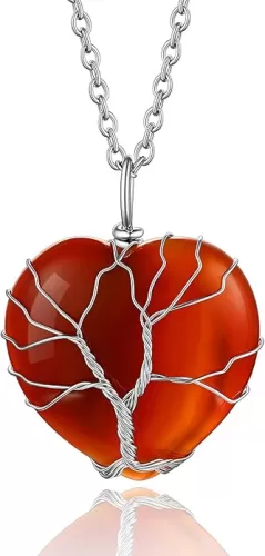 Bestyle Tree of Life Wrapped Healing Crystal Necklaces 12 Month Birthstone Pendant for Women, Crescent/Heart Gemstone Jewelry, Vintage Birthday Gifts/Energy Gift