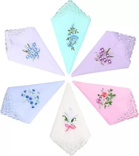 Bewudy 6pcs Vintage Floral Embroidered Handkerchiefs for Women, Butterfly Lace Hanky, Cotton Embroidery Ladies' Vintage Floral Lace Handkerchiefs for Wedding Party