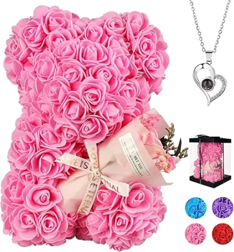 Birthday Gift for Her Mothers Day Rose Gifts for Mom, Rose Bear Gifts for Mom from Daughter, Birthday Gift for Her Rose Teddy Bear with I Love You Necklace in 100 Languages(Pink)