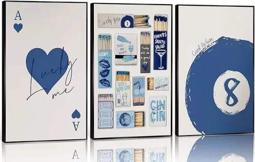 Blue Vintage Matchbox wall art lucky Trendy Red Hearts Playing Wall decor pictures Card Pool Ball Paintings Aesthetic canvas posters prints for girl dormitory apartment Home Decoration Unframed blue 16x24in poster