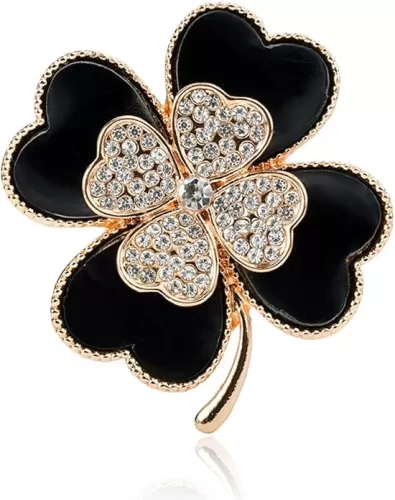 Brooch Pins Lucky Four Leaf Clover Gold Petal Rhinestone Crystal Valentines Flower Lapel Brooches for Women Girls Fashion Jewelry Gift