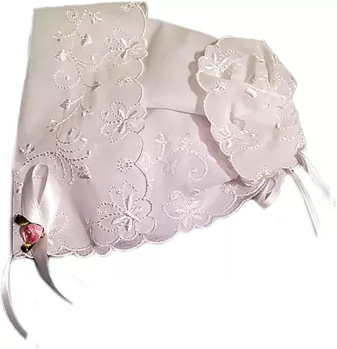 Butterfly and Heart Embroidered Christening Keepsake Handkerchief Bonnet