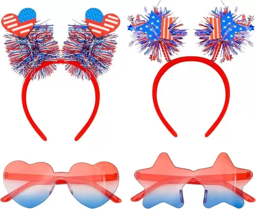Chanaco 4th of July Accessories Independence Day Red White and Blue Decorations 4Pcs USA Flag Headbands and Sunglasses for Women Patriotic Party Fourth of July Favors Star Love Heart Glasses Decor