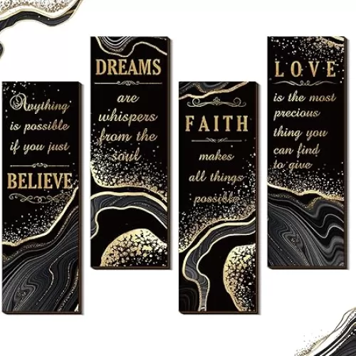 Chitidr 4 Pcs Bathroom Wall Decor Inspirational Quote Wooden Sign Love Faith Believe Dream Wall Decor Gold Art Signs for Living Room Bathroom, 11.4 x 3.5 Inch(14.17 x 4.72 Inch, Black and Gold)