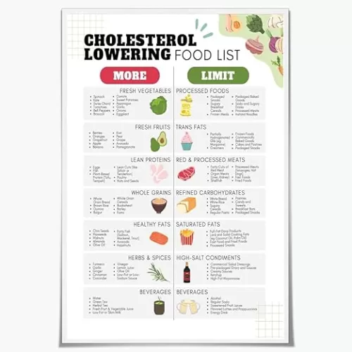 Cholesterol Lowering Foods Chart Poster Healthy Heart Guide for Type 2 Diabetes and High Blood Pressure LDL & HDL Lipid Grocery List for Kitchen Wall Art Decor 8x12inch Unframed