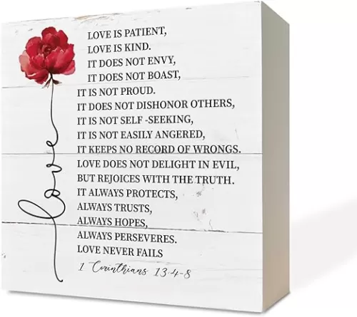 Christian Wood Signs, Bible Verse 1 Corinthians 13:4-8 Wood Signs, Box Sign Decor Tabletop, Sweet Home Decor, Christian Shelf Decor, Box Signs with Love Quotes, Plaque for Anniversary, Wedding Gift
