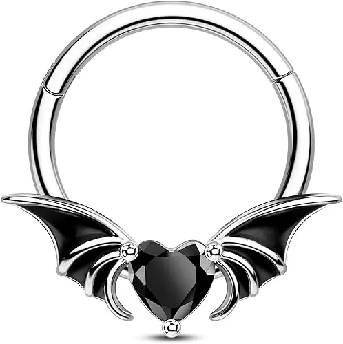 CM Crareesi Mania Black Septum Rings Bat Septum Piercing Jewelry 316L Stainless Daith Earrings Helix Cartilage Piercing Jewelry 16G Black Heart CZ Septum Ring