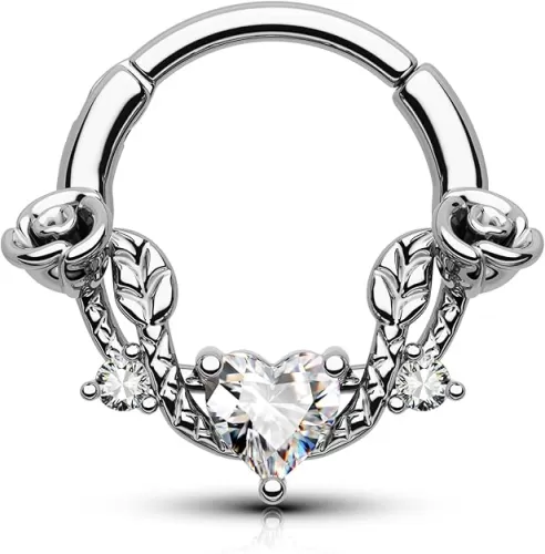 CM Crareesi Mania Rose Septum Ring 16G Hinged Segment Rings 316L Stainless Steel Daith Earrings Heart CZ Septum Daith Helix Cartilage Piercing Jewelry Piercing Jewelry