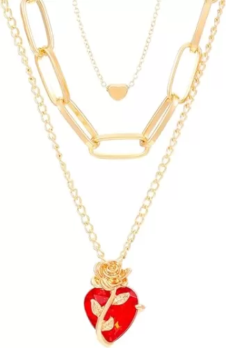 coadipress Red Heart Necklaces for Women Trendy Layered Choker Red Heart Pendant Necklace Rose Crystal Stacked Necklaces Charm Jewelry