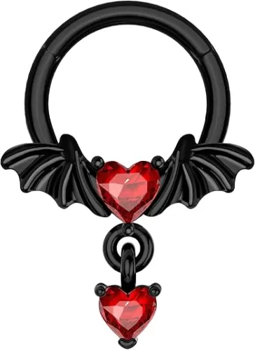 COCHARM 16g Black Septum Rings Dangle Halloween Septum Jewelry Bat Wing Helix Daith Earrings for Women Heart CZ Dangling Helix Daith Piercing Jewelry 316L Stainless Steel