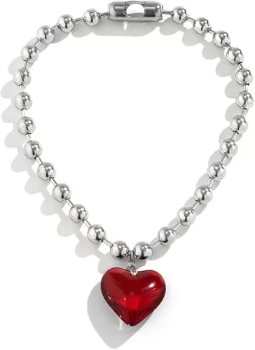 COLORFUL BLING Punk Chunky Glass Puffy Heart Beads Chain Choker Necklace Coloured Glaze Heart Charms Pendant Necklace Y2K Aesthetic Simple Jewelry for Women