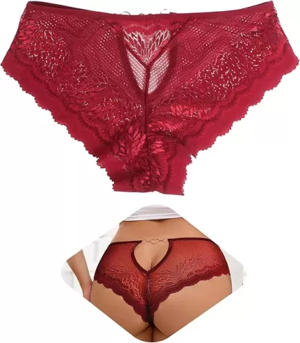comeondear Womens Lace Boyshorts Panties Sexy Floral Plus Size Cheeky Underwear Back Cut Out Hipster Briefs Red