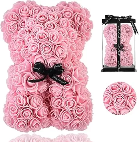 CONDANA - Rose Bear | Rose Teddy Bear, Transparent Box Included, Pink and Red | Teddy Bear Valentines Day | Valentines Day Gifts for Her | Pink Roses | PinkFlowers | Valentines Bear (Pink)