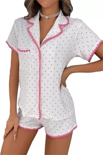 COZYEASE Womens Silky Pajamas Set Heart Print 2 piece Sleepwear Short Sleeve Button Down Shirt with Shorts