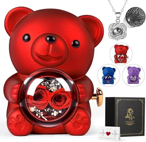 Cute Bear Teddy with Preserved Rose Gift Box, Romantic Rose Flower Bear Teddy Gift for Her and Girlfriend, Eternal Forever Rose Bear Gift Weddings Anniversary for Woman, Red