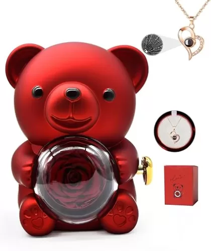 Cute Bear Teddy with Preserved Rose Gifts Box, Romantic Bear Rose Valentine’s Day Gifts, Valentine’s Day Decoration Wedding Anniversary (Red)