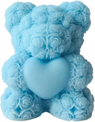 Cute Bear with Heart Scented Candle, 60G Teddy Bear Rose Clusters Aesthetic Handmade Soy Wax Aroma Decorative Candle for Table Photo Prop Wedding Birthday Gift, Prefect for Meditation Stress-Blue