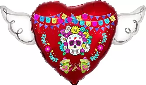 Día de los Muertos Heavenly Balloons - Heart Shaped Angel Wing Remembrance for Loved Ones | Day of the Dead & Halloween Decor (Red)