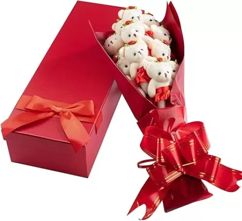 Deluxe Red Love Bear Bouquet in Gift Box - One Dozen Long Stemmed Rose Stuffed Flower Plush Bears w Tutus- Wrapped in Ribbon Bow - Mother
