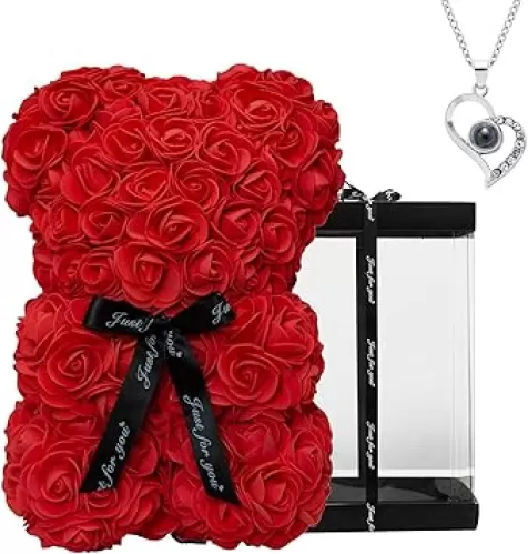 DuHouse Rose Bear Rose Teddy Bear Flower Gift Box for Valentines Gifts Anniversary Christmas, Birthdays Bridal Showers -Fully Handmade 10 inch Flower Bear Clear Gift Box(Red with Necklaces)