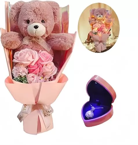 Eightown Preserved Rose Bouquet Flowers with Teddy Bear - Pink Rose Artificial Flowers with Pearl Necklace for Her - Love Gift Mother