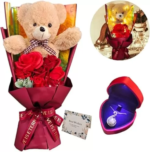 Eightown Preserved Rose Bouquet Flowers with Teddy Bear - Red Roses Artificial Flowers with Pearl Necklace for Her - Love Gift Mother