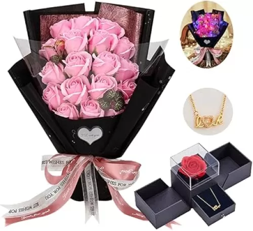 EIGHTOWN Roses Bouquet Artificial Flower - Preserved Pink Rose Flowers with Love Necklace for Her - Unique Gifts Valentine