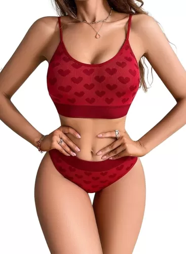 Ella Lust Women Cute Heart Print Lingerie Set - Valentine Underwear Pajamas Push Up Sports Bra Panty 2 Piece Workout Outfits