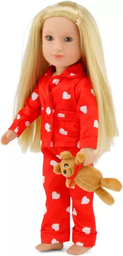 Emily Rose 14 Inch Fashion Doll Clothes - 3-PC Red Heart Silky PJ Pajamas Gift Set with Teddy Bear Accessory | USA Business