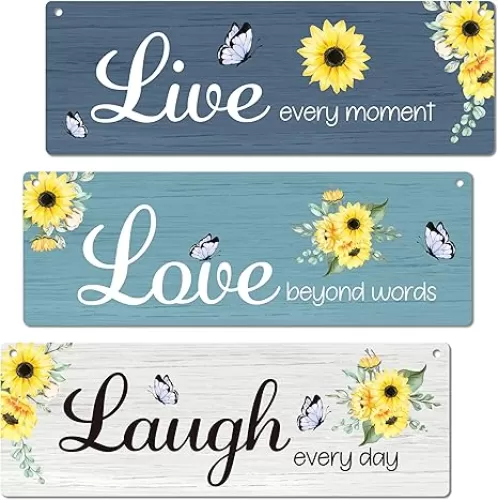 Farmhouse Wall Decor Sign, Live Love Laugh Wall Art Decor, 3 Pieces Inspirational Quotes Wooden Hanging Sign With Rope, For Farmhouse Home Living Room, Sunflower Housewarming Christmas Gifts -09