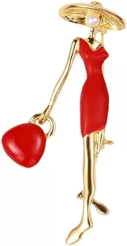 Fashion Lady in Red Brooch Pin for Women Girls Cute Enamel Brooches Lapel Pins Hat Bag Dress Accessories Holiday Party Jewelry Gift