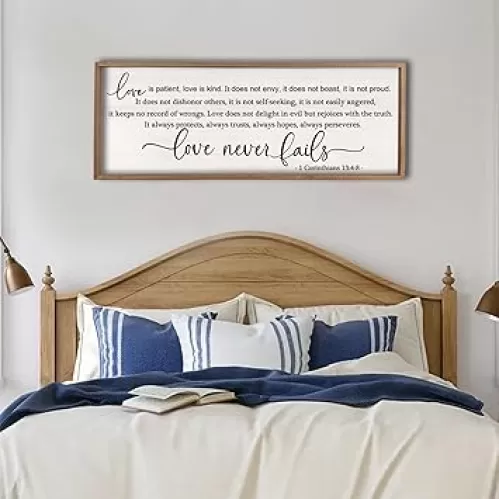 Flowtorely Love is Patient, Kind Wall Art Decor 32"X12" Sign 1 Corinthians 13 Bedroom Above Bed Wall Decor Large Bible Verse Quote Scripture Christianity Hanging Sign (Wood)