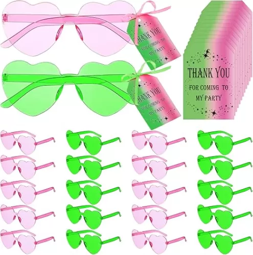Flutesan 24 Pairs Witch Party Heart Sunglasses Props Favor Pink and Green Heart Sunglasses with Thank You Card Gift Favor for Birthday Party Photo Gift Outfit Accessories