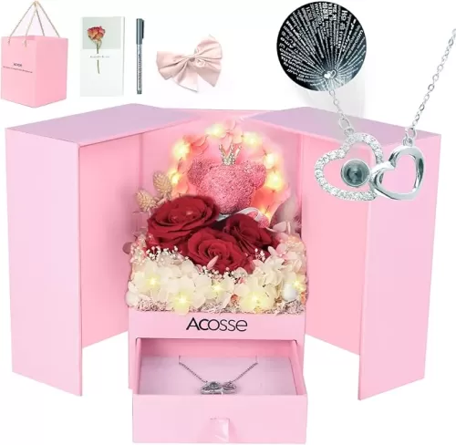 Forever Roses in Pink Box with Crown Teddy Bear Princess & I Love You Double Hearts Necklace, Gift for Women, Perfect for Birthday, Anniversary, Regalos para mi novia