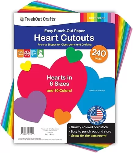 FreshCut Crafts 240 Pieces Heart Paper Cutouts, 2-Sided US Made Card Stock Punch Out Multicolor Hearts for Valentine’s Day Crafts, Bulletin Boards, Classroom Decor, and Posters 10 Vibrant Colors