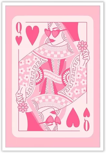 Funky Pink Lucky Cards Canvas Posters Trendy Queen Hearts Poker Wall Art Funny Teen Girl Minimalist Room Aesthetic Prints Painting For Home Bedroom Dorm Wall Decor 12x16in Unframed