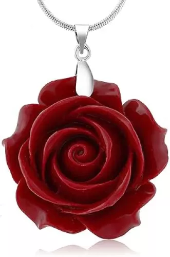 Gem Stone King 35MM Red Simulated Coral Carved Rose Flower Pendant With 16 Inch + 2 Inch Extender Chain