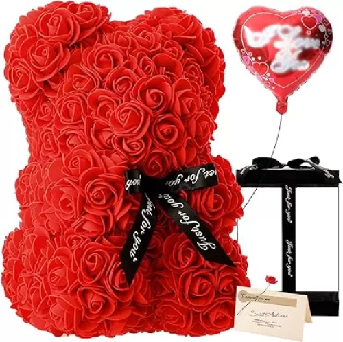 Gifts for Women - Rose Flower Bear - Rose Bear, Pure Handmade Rose Teddy Bear, Gift for Mothers Day, Valentines Day, Anniversary and Bridal Showers, w/Clear Gift Box and Greeting Card (Red)