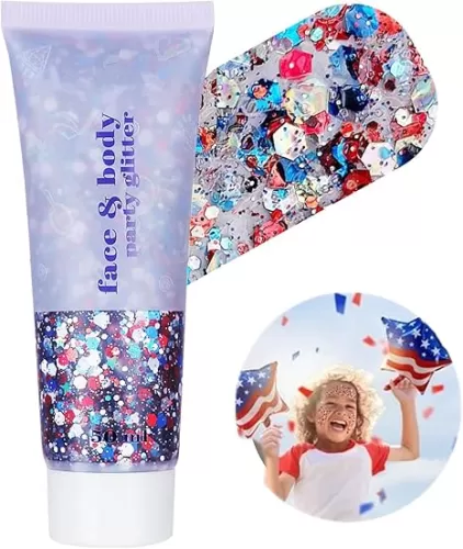 Go Ho Red White and Blue Body Glitter, Patriotic Pride Face Glitter Gel, 4th of July Outfits for Women Reflective Glitters Makeup, Holographic Long Lasting Chunky Sequins, Fourth of July USA Accessories