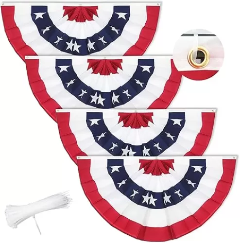 GOAUS 3x6 Ft American Bunting Flags with Grommets&Zip Ties, 4th Fourth of July Decorations Outdoor USA Patriotic Pleated Fan Banner, Red White and Blue Decor for Memorial Veterans Day(Set of 4)