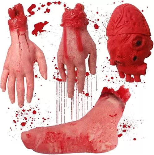 Halloween Bloody Body Part, 4 PCS Horror Severed Hand Feet Fake Heart Scary Broken Parts Haunted House Pranks PropVampire Zombie Party Decorations By Giveme5