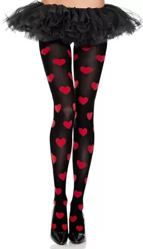 Heart Print Spandex Opaque Pantyhose, Black/Red
