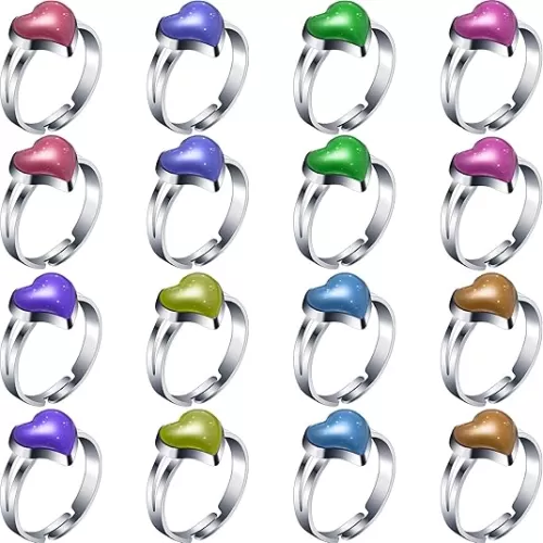 Hicarer 16 Pcs Adjustable Mood Rings Mixed Color Heart Shape Changing Mood Rings for Girls Boys Kids Emotion Feeling Finger Accessories Costume Props Children's Day Birthday Party Favors