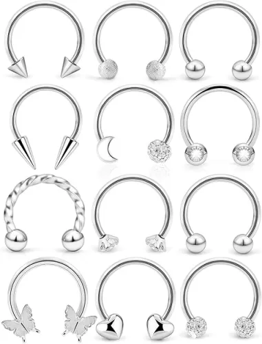Hoeudjo Smiley Piercing Jewelry Surgical Steel Septum Rings 16g Septum Nose Rings for Women Horseshoe Nose Ring with Cubic Zirconia Heart Butterfly Inner Diameter 10mm (3/8")