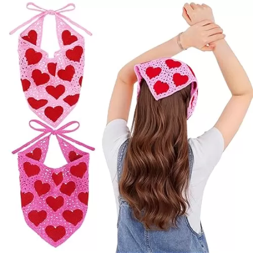 hoyuwak 2Pcs Crochet Head Scarf Bandanas Headband Hair Accessories for Women Knitted Heart Hair Styling Valentine's Day Decor