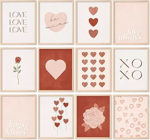 JarThenaAMCS 12Pcs Valentine's Day Wall Art Prints Boho Red & Pink Love Heart Rose Art Poster Minimalist Wall Decor For Living Room Bedroom Decor, UNFRAMED, 8 x 10 Inch