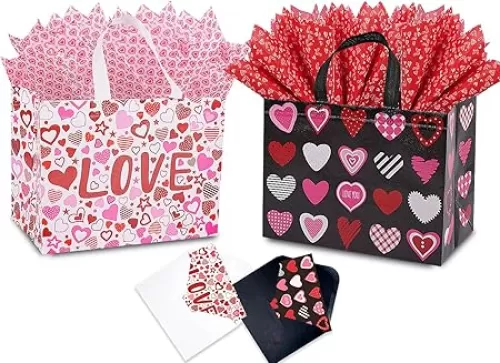 Jaywayang 2PCS 12.6" Valentines Gift Bags With Tissue Paper and Card, Large Valentine's Day Gift Bags Reusable Love Heart Valentines Bags, Valentines Goodie Bags(White, Black)