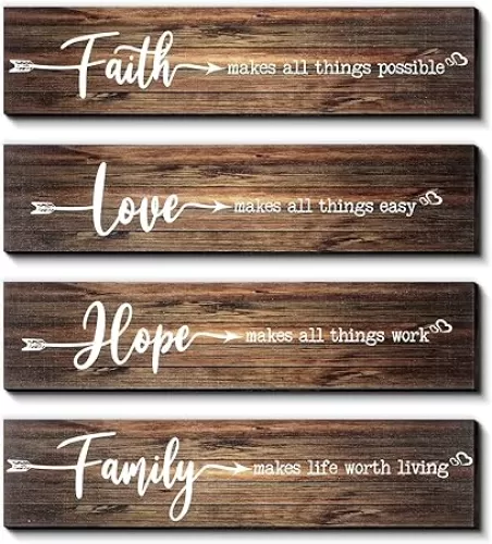 Jetec 4 Pieces Faith Love Hope Family Rustic Wood Sign Makes All Things Possible Easy Work Living Quote Signs for Front Porch Door Wall Decoration, 13 x 3 Inch(Brown)