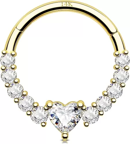 Jewseen 14K Gold Septum Rings 16g Cartilage Hoop Earrings Cubic Zirconia Diath Piercing Jewelry Heart Nose Ring Hoop Tragus Helix Earrings for Women Men
